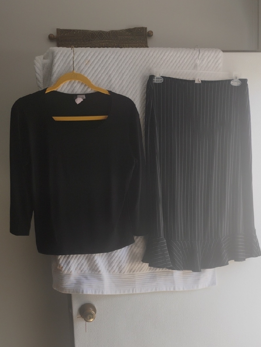 Black Pinstripe Midi Skirt with Ruffle Hem